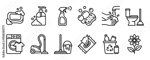 Set of black line art icons representing cleaning, hygiene, and household chores like washing hands, laundry, mopping, and recycling, drawn in a simple minimalist style