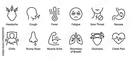 Set of twelve medical symptom icons illustrating common signs of illness like headache, cough, fever, and fatigue in a clean, minimalist line art style