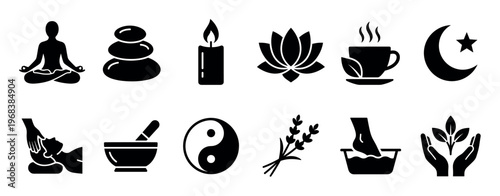 Collection of black silhouette icons representing spa, wellness, and relaxation concepts like yoga, massage stones, a candle, lotus flower, herbal tea, and aromatherapy symbols