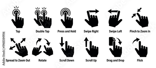 Set of black touch gesture icons for user interface design showing different hand movements like tap, swipe, pinch, scroll, rotate, and drag for mobile devices and tablets