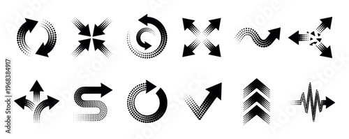 Diverse set of black arrow icons with a modern halftone dot pattern, featuring circular, spiral, wavy, and expanding shapes for indicating direction and movement