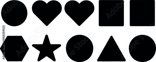 Black geometric shapes silhouette set with circle heart square rectangle hexagon star triangle and oval icons collection vector