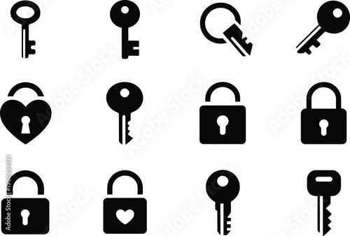 Key and lock icon set, black and white minimalist vector collection of 12 keys and padlocks arranged in 3x4 grid for security, access, and user interface design.