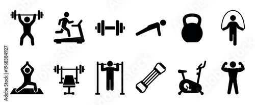 Set of black fitness and gym icons representing various exercises and equipment for workout, including weightlifting, running, yoga, and bodybuilding pictograms