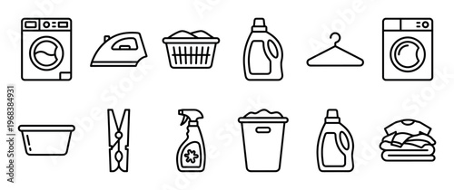 Set of laundry and cleaning line icons featuring a washing machine, iron, detergent, basket, and clothespin for representing household chores and domestic tasks in a simple outline style