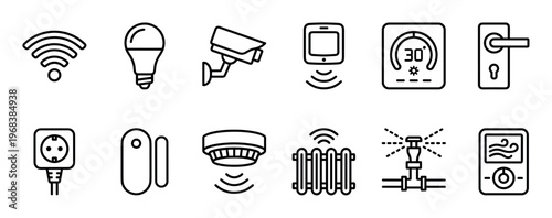 Set of smart home automation icons in a minimalist black line art style, featuring a security camera, thermostat, light bulb, door lock, and other connected devices