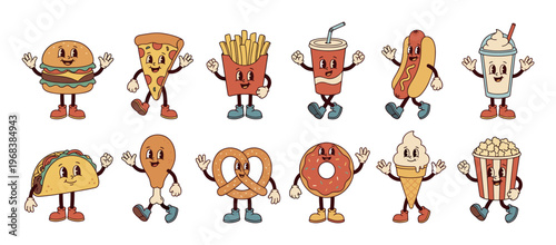 Collection of retro fast food characters in a vintage cartoon style with happy faces, gloves, and shoes, including a burger, pizza, fries, soda, and ice cream, walking and waving