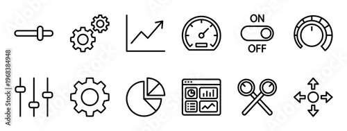 Set of black thin line icons for user interface design includes symbols for settings, analytics, controls, and navigation for web and mobile applications