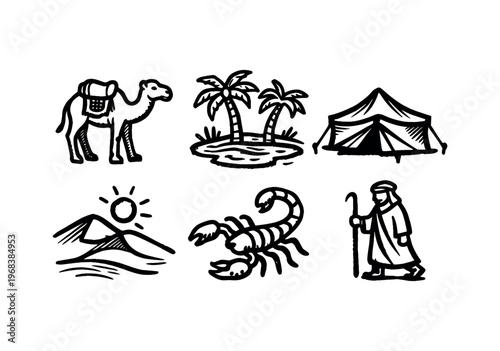 Desert life icon set. camel, oasis, tent, dunes, scorpion, bedouin, nomad, travel, survival. line and flat vector illustration.