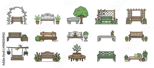 Various garden bench and outdoor seating illustrations in a simple doodle style, featuring wooden, metal, and rustic designs with plants, flowers, and trees for park or patio decor