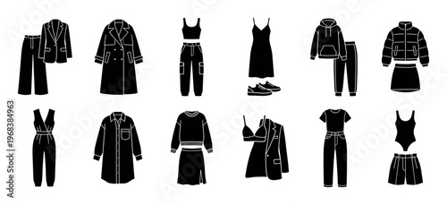 Collection of black and white women's fashion outfits presented as minimalist glyph icons, featuring casual, formal, and sporty clothing sets like suits, dresses, and sportswear