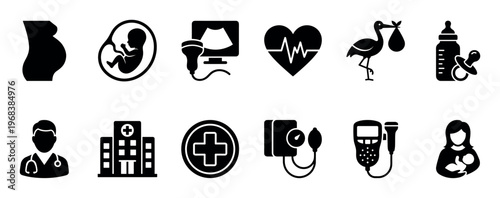 Black silhouette icon set for pregnancy and childbirth, featuring a pregnant belly, fetus, ultrasound machine, stork, doctor, hospital, and a mother with her newborn baby