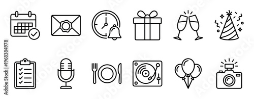 Set of black line icons for event planning and celebration, featuring symbols for invitations, gifts, music, food, and scheduling for a party or holiday organization