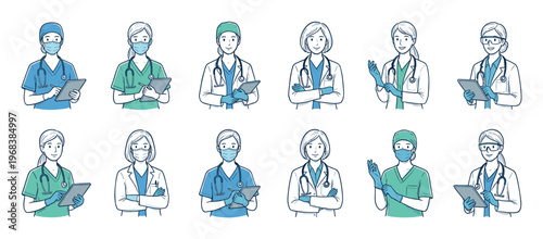 Set of female doctor and nurse illustrations in a friendly hand-drawn style, showing medical professionals in scrubs, lab coats, protective masks, and holding tablets