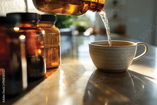 A hand pours brown liquid tea from a jar into a stylish cup, set in a warm kitchen environment, highlighting the comforting and relaxing aspects of tea-drinking rituals.