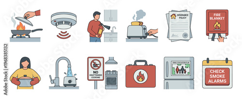 Collection of fire safety icons showing prevention measures like smoke detectors, extinguishers, and evacuation plans for home and kitchen emergencies in a flat illustration style