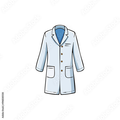Illustration of a clean white doctor's lab coat with blue collar and pocket details
