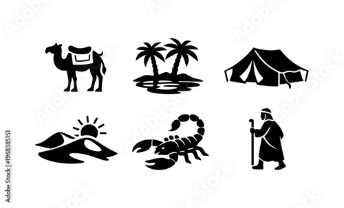 Desert life icon set. camel, oasis with palm trees, tent, sand dunes, scorpion and nomad with staff for desert travel and survival. line, flat and colored vector icon set.
