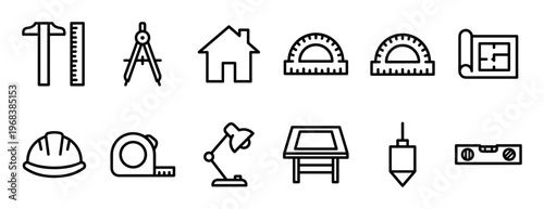 Set of black outline icons representing architecture, engineering, and construction tools for drafting and building projects, featuring a clean and minimalist linear style for professional design