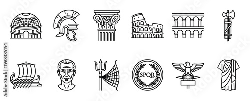 Set of ancient Roman icons featuring the Colosseum, Pantheon, a gladiator helmet, and SPQR standard in a minimalist black line art style for historical design projects
