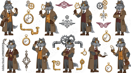 Steampunk Wolf Character Set with Victorian Style Costume, Clockwork Gears, Pocket Watches, Mechanical Elements, and Retro Futuristic Vector Illustration Collection.