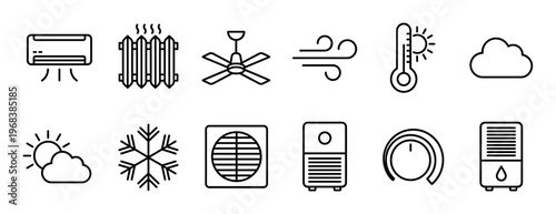 Set of black line icons representing climate control, HVAC systems, and weather conditions in a clean minimalist style for user interface design and infographics