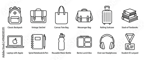 Set of twelve black line icons representing student life essentials like a backpack, laptop, textbooks, and lunch box in a minimalist vector style for educational concepts