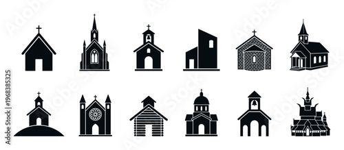 Collection of black church building icons in various architectural styles including gothic, modern, and traditional chapels and cathedrals for religious and spiritual concepts