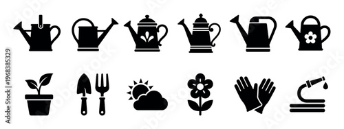 Collection of twelve black garden equipment silhouettes including various watering cans, a seedling, hand tools, a flower, protective gloves, and a water hose for horticulture