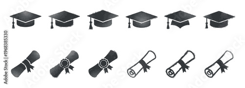Set of black graduation cap and diploma icons with a distressed halftone texture shows various angles of mortarboards and scrolls for academic achievement and ceremony concepts