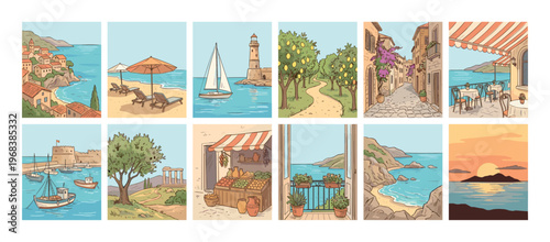 Collection of twelve hand-drawn illustrations depicting idyllic Mediterranean summer vacation scenes, including coastal towns, beaches, boats, and local markets in a picturesque cartoon style