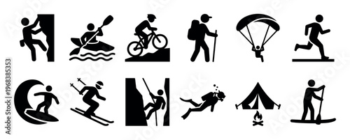 Black pictogram collection of extreme sports and outdoor adventure activities showing climbing, biking, hiking, diving, surfing, and camping symbols in a minimalist graphic style