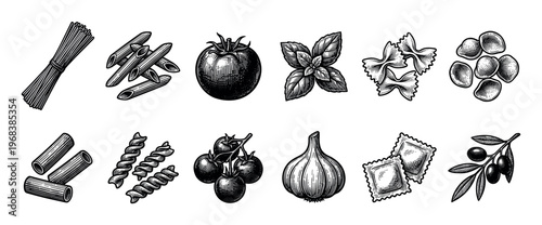 Collection of Italian food ingredients including various pasta types, tomatoes, garlic, basil, and olives, all hand-drawn in a vintage black and white engraving illustration style
