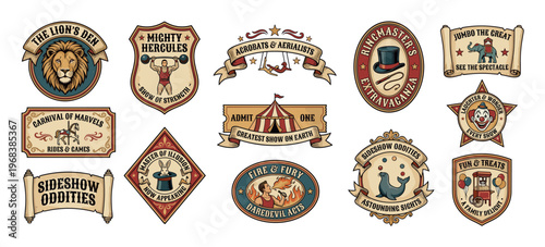 Collection of vintage circus and carnival emblems featuring retro illustrations of a lion, strongman, clown, and magician for a classic entertainment and fair theme