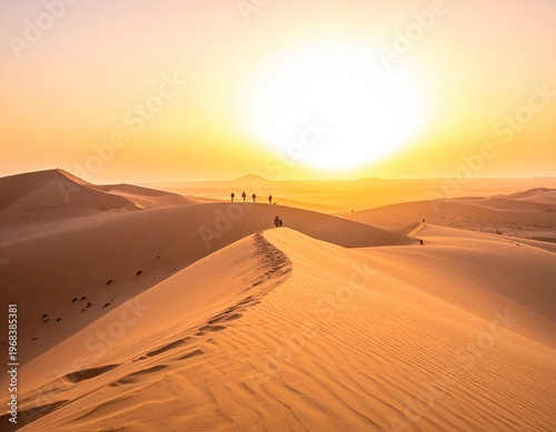 Sunset over expansive desert sand dunes with travelers.
