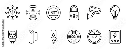 Set of smart home line icons for home automation and the internet of things, featuring a speaker, camera, lock, thermostat, and robotic vacuum in a minimalist outline style