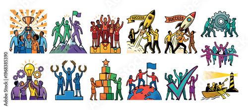 Colorful set of business teamwork icons showing success, achievement, and collaboration through various metaphors like winning a trophy, launching a rocket, and reaching a summit