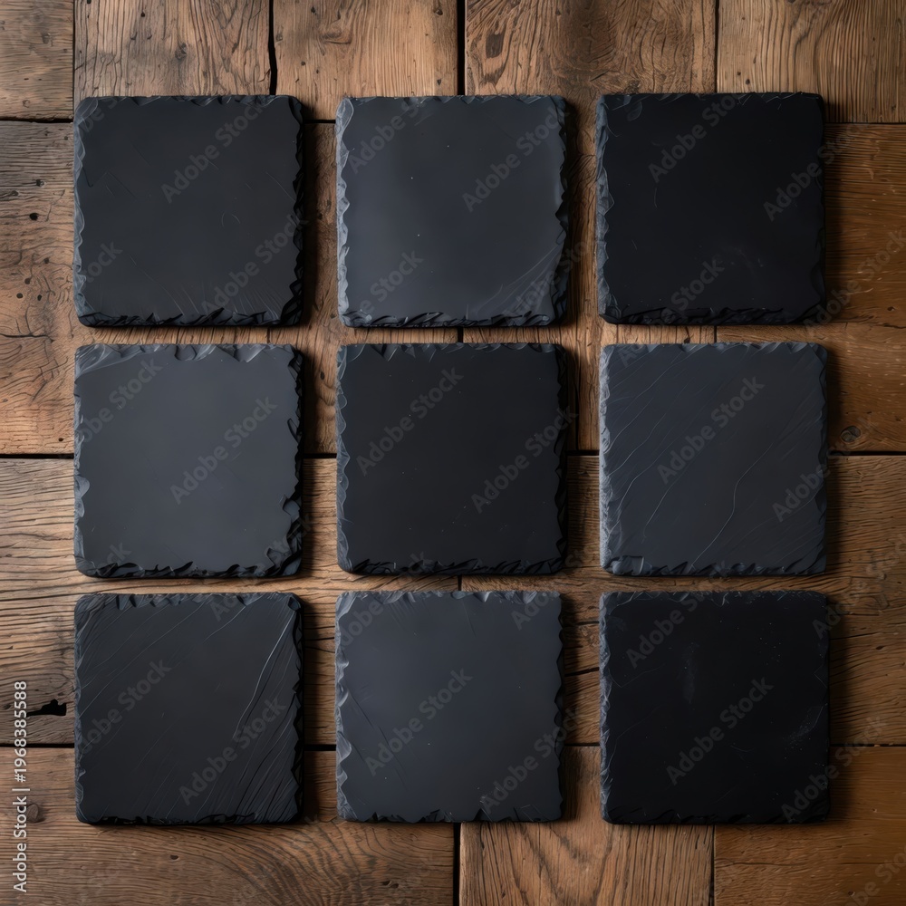 Fototapeta premium A set of nine square black slate tiles arranged in a grid pattern on a wooden surface, ideal for showcasing laser engraving or other custom designs, offering a clean and elegant presentation.