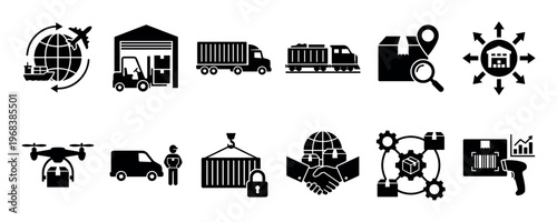 Collection of twelve black glyph icons for logistics, shipping, and supply chain management, illustrating concepts like transportation, warehousing, distribution, and delivery services
