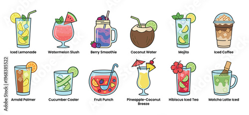 Colorful collection of assorted cold summer drinks including lemonade, iced coffee, smoothie, and cocktails, presented as a simple cartoon vector illustration set for a beverage menu