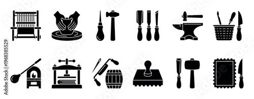 Collection of black glyph icons representing traditional crafts and artisan skills like pottery, weaving, blacksmithing, glassblowing, and coopering, presented as a simple vector set