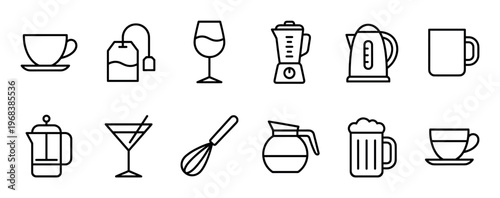Set of black line icons representing various kitchenware and beverage items like a coffee cup, blender, kettle, and glasses for a clean, modern graphic design concept