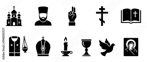 Set of black Orthodox Christian icons featuring a church, priest, cross, bible, chalice, dove, and other religious symbols for faith and worship