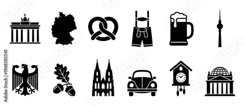Black silhouette icon set of german symbols featuring a map, heraldic eagle, pretzel, beer mug, lederhosen, cuckoo clock, classic car, and famous architectural monuments