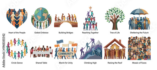 Set of twelve community and unity illustrations showing concepts of teamwork, diversity, support, and togetherness in a modern flat vector style