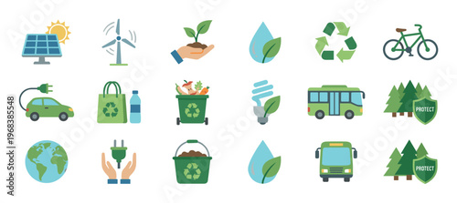 Set of colorful flat design icons representing ecology and sustainability concepts like renewable energy, recycling, conservation, electric transport, and environmental protection