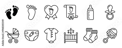 Set of black newborn baby icons in a simple line art and silhouette style, including a footprint, pacifier, feeding bottle, stroller, diaper, crib, socks, and rattle