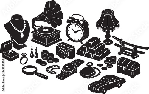 Isometric Vector Illustration of Pawn Shop with Jewelry, Antiques, and Collectibles in Black Silhouette