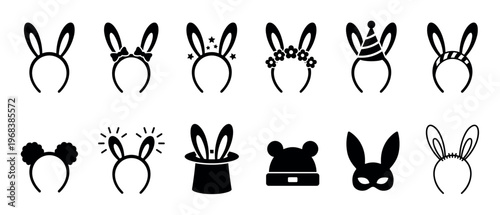 Collection of black silhouette bunny ear headbands and hats for costumes, parties, and holidays, featuring various designs like bows, flowers, stars, and a magician's top hat