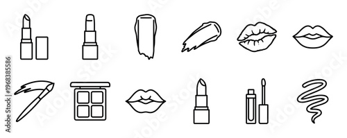 Set of black line art makeup icons featuring lipstick, lip gloss, eyeshadow, and cosmetic swatches in a minimalist vector doodle style for beauty and fashion concepts